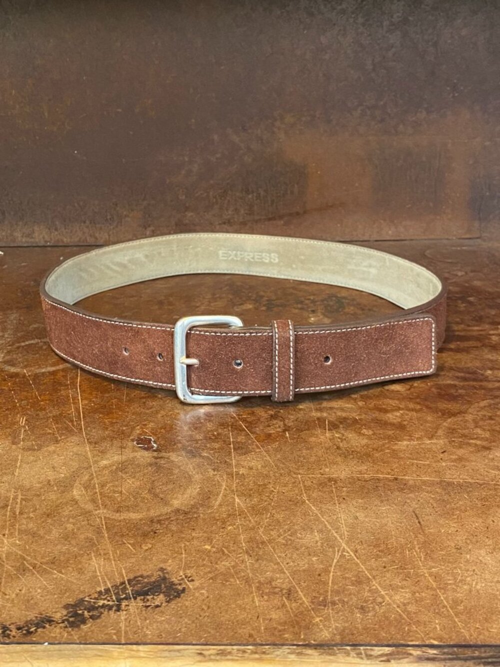 Express Belt Brown Suede Leather Square Brass Buckle Square End Size 32 33 MED